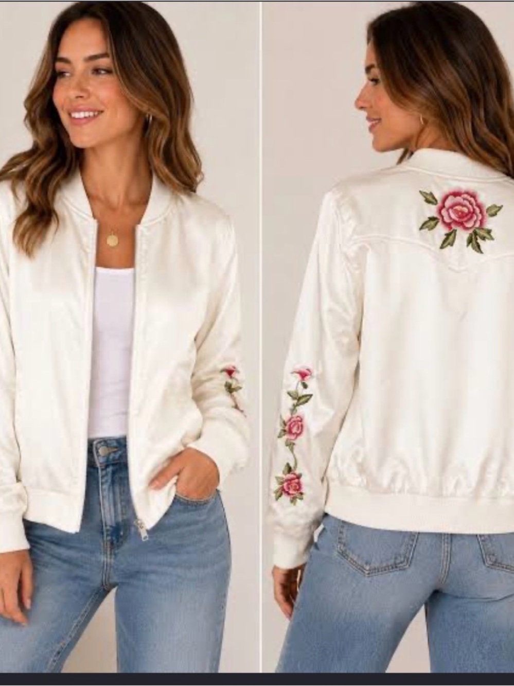 White Satin Bomber Jacket with Yoking Back Design & Pink Floral Embroidery